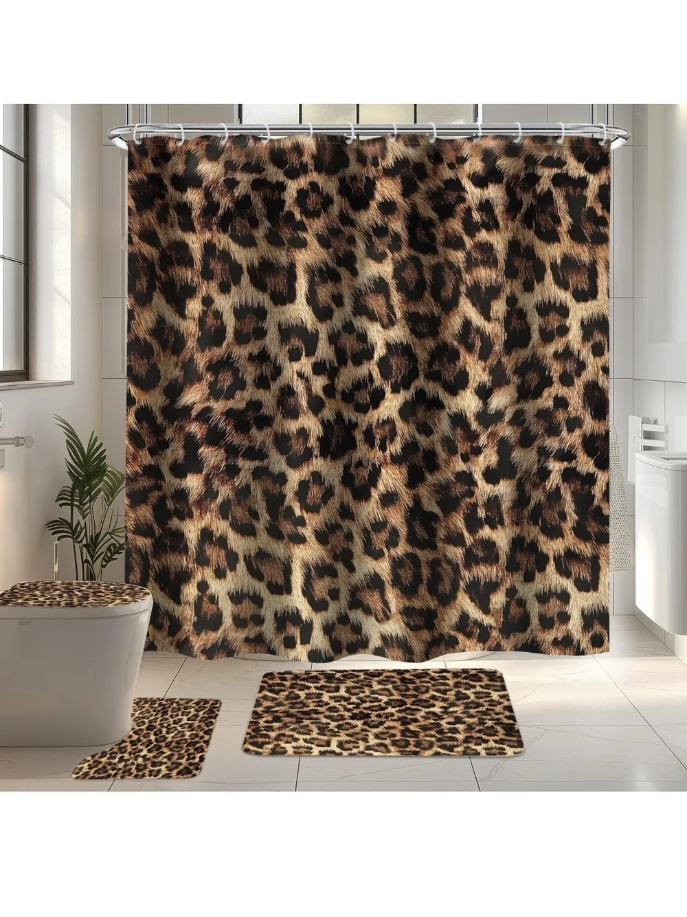 Leopard Print Shower Curtain Set - Brown Animal Print Bath Decor